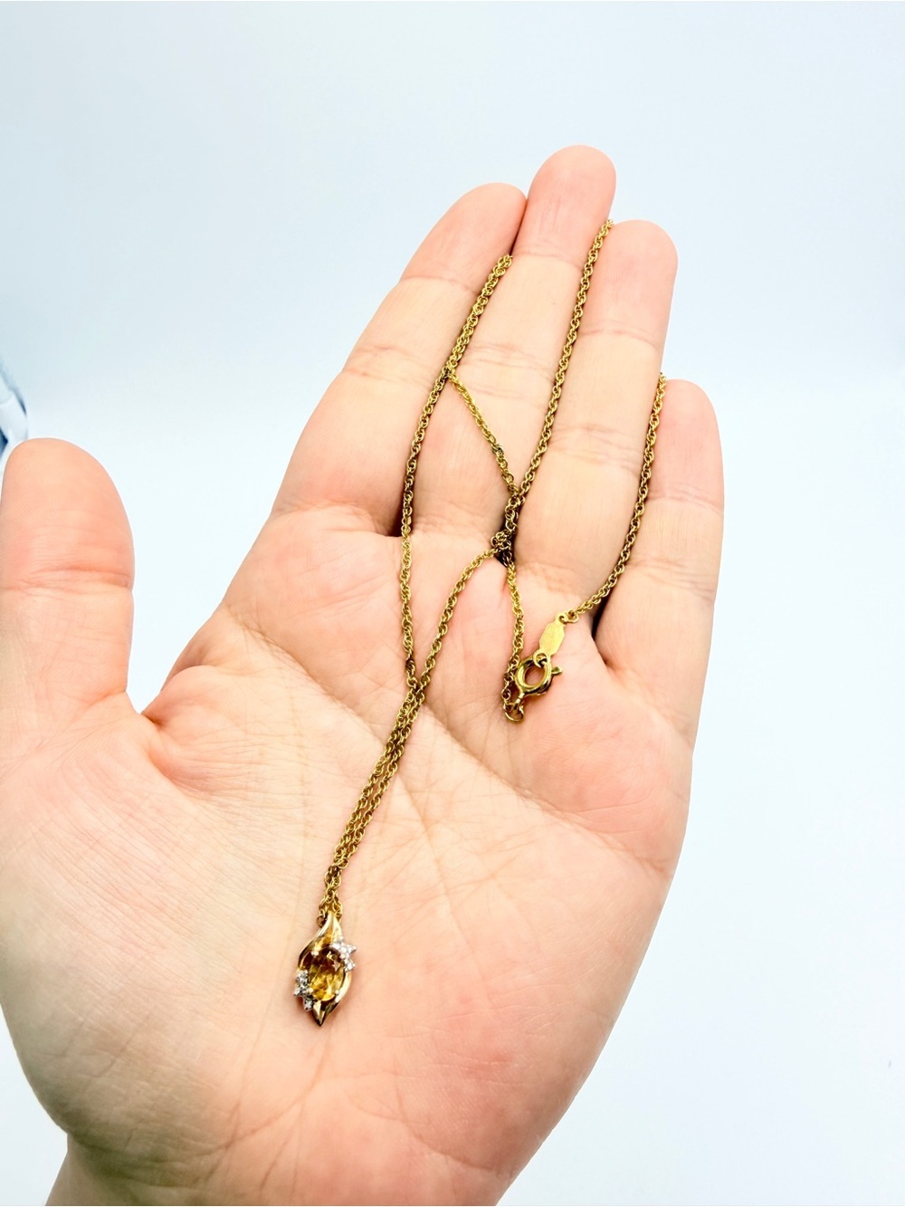 Vintage Gold Tone Citrine & Clear Crystal Pendant Necklace